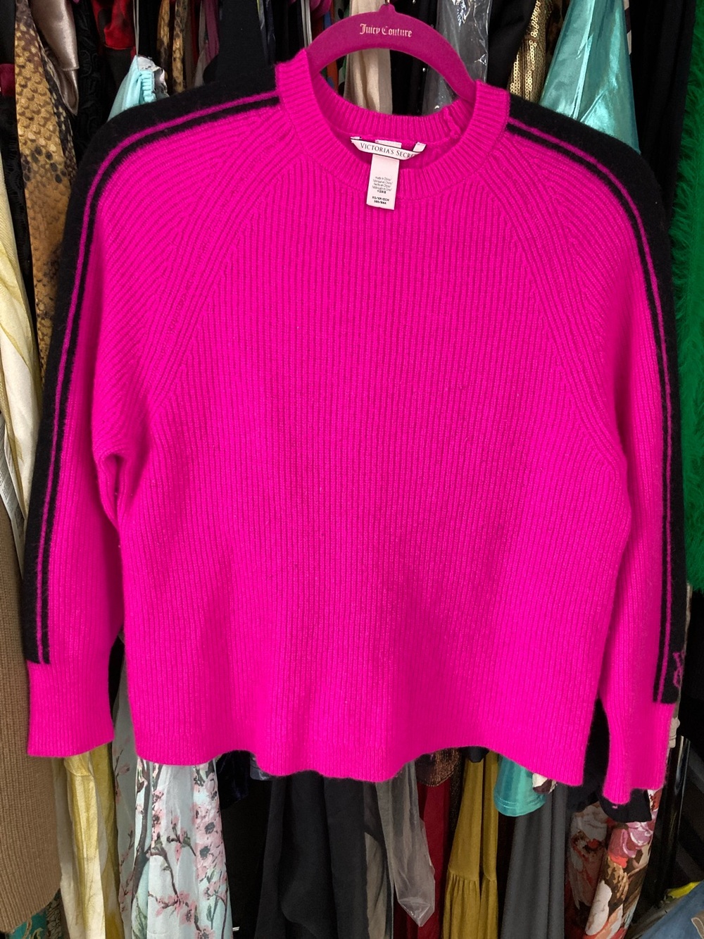 Cashmere Victoria's Secret Hot Pink Crewneck Sweater with Black Shoulder Stripes